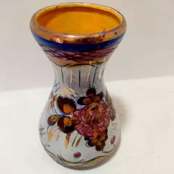 Vintage Handmade Pottery Painted Carved Gold Glossy Colorful Flowers Vase Italy