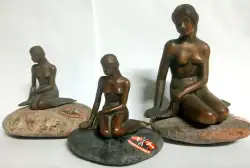 Vintage Bronze Art Decor Statue Girl Style Copenhagen Naked Damsel Set of 3 pcs