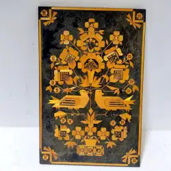 Vintage Wooden Inlay Folk Art Russian Decorative Plate Straw Mosaic Lacquer 15