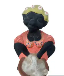 Pottery Woman African Carrying Statue Head Art Vintage Tribal Hand Paint Figure