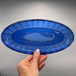 1950 Vintage Collectible Cobalt Pressed Glass Plate Dish Fish Carp Neman Factory