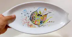 England Ceramic Hand Painting Art Oval Serving Dish Bowl Fish Vintage Long 15