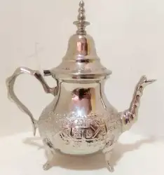 Moroccan Brass Silver Plated Handcrafted Medium Teapot Vintage Engraved 9 in