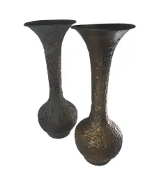 2 Brass Vase Vintage Etched India Engraved Made Floral Solid Tall Bud Hand Antiq