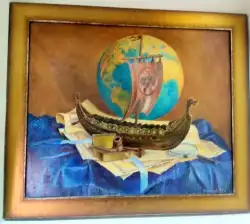 Oil Painting Hand Painted on Canvas Moon Lens Pipe Ship with Frame Wood 60*70 cm