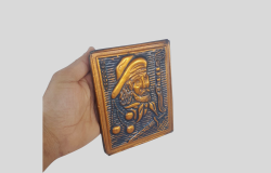 Vintage Small Plaque Metal Tin Handmade Wall Hanging Carved Old Man Decor Marked