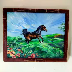 Oil Painting Canvas Art Horse Running Landscape Wall Hanging Frame Wood 55*45 cm