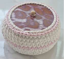 Handwoven Kilim Multipurpose Crochet Basket with Wooden Lid in White and Pink