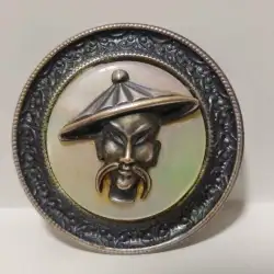 Japanese Pin Antique Silver-plated Round Brooch Vintage Man Wearing Hat Lot 2