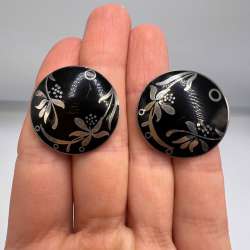 Vintage Puset Women's Jewelry Silver Round Stud Earrings Black Enamel