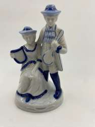 Vintage Porcelain White Blue Figurine Couple Man And Woman Hand Painted Cute
