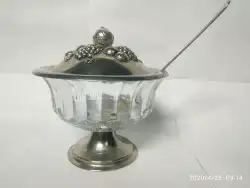 Sugar Crystal Bowl Silver Vintage And Spoon Cut Plated Lid Silver Plated