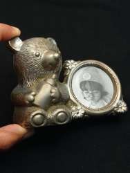 Antique Silver Metal Teddy Bear Piggy Bank with Photo Frame