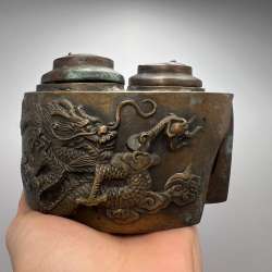 Yin Yang Antique Chinese Pair Teapot Draggon Phoenix Brass Copper Marked