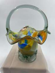 Vintage Hand Blown Multicolor Art Glass Vase With Handle Glass Tall 7,8 in
