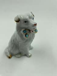 Vintage Hand Painted Ceramic White Poodle Dog Figurine Colorful Beads Tall 4 in
