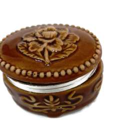 Vintage Round Trinket Ring Lidded Box Carved Floral Ceramic