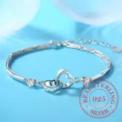 Bracelet Sterling Silver 925 Women's Zircon Jewelry Two Hearts Shape 6 gr Gifts