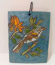 Hand Carved Plate Pottery Handmade Wall Unique Hand Painted Vintage Art Sparrow