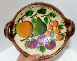 VTG Handmade Painted Ceramic Floral Fruit Dish Plate With Handles Diameter 10