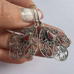 Vintage Filigree Sterling Silver 925 Womens Jewelry Earrings Natural Red Jasper