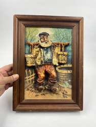 Antique Hand Painted Statue Man Holding Resin Inside Frame Vintage Wooden 10*14