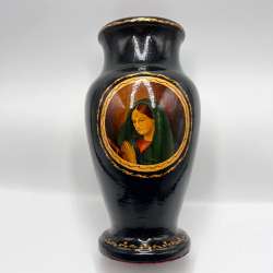 1950 Huge Vintage Hand Painted Wooden Lacquer Vase Faces of Saints 10.8
