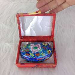 Vintage Chinese Porcelain Trinket Pot Dish Oblong Shape Hand Painted Floral Blue