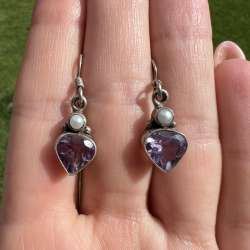 Cute Vintage Sterling Silver 925 Women's Jewelry Earrings Amethyst Stone Marked