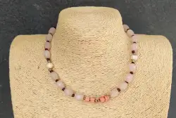 925 Sterling Silver With Pink Rose Quartz Pearl And Gemstone Cute Necklace 25 gr