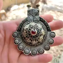 19s Yemen Silver Filigree Antique Rubies Emeralds Gemstone Charm Wedding Pendant