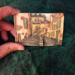 Vintage 3D Hand Carved Old House Wall Mural Covered With Ancient Spring Scenery