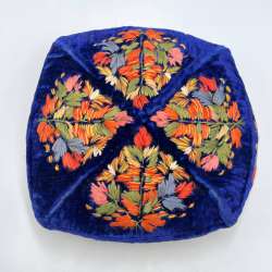 Vintage Traditional Beadwork Skullcap Cap Hat Uzbek Handmade Muslim Blue Velvet