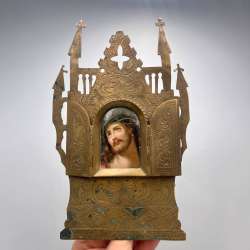 Rare Antique Imperial Christian Altar Desk Folding Icon Bronze Ceramic Enamel