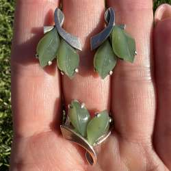 1996 Vintage Gilt Sterling Silver 875 Gold 14K Set Ring Stud Earrings Nephrite