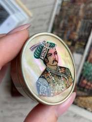 Vintage Miniature Trinket Box Pill Box Mother Of Pearl Hand Painted Portrait Man