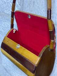Old Wooden Handbag, Metal Lock, Lined Interior, Wooden Color With Red Interior