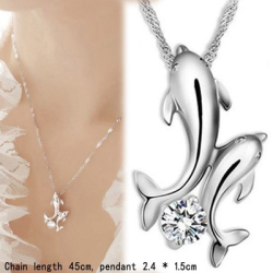 Silver Plated Double Dolphin Rhinestone Necklace Multicolor Fast Delivery 7-12D