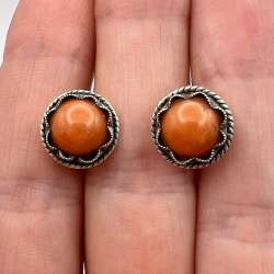 Vintage Jewelry USSR Women's Stud Earrings Sterling Silver 875 Red Coral Marked