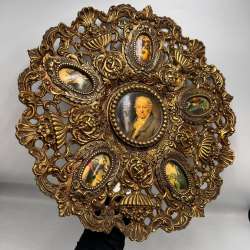 Large Vintage Bronze Wall Plate Picture with Lithograph Portrait Spain 3.5 Kg