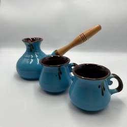 Coffee Set Serving Blue Ceramic Pot Handmade Drinking Cups Ukraine Crafts 3pcs