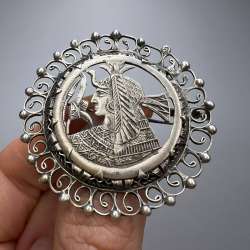 Vintage Women's Jewelry Pin Brooch Pendant Carved Egyptian Pharaoh Silver 800