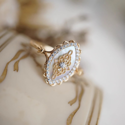 White Shell Hollow Lace Inlaid Zircon S925 Sterling Silver Gold Plated Ring 12g