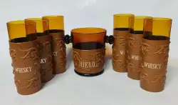 Vintage Glasses Drinking Server Set of 7pcs with Embossed Leather Sleeves
