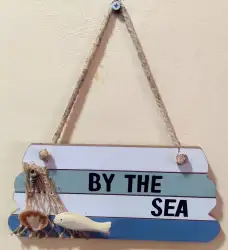 Vintage Wood Beach Sign Hanging Wall By the Sea Handmade Fish And Shells Design