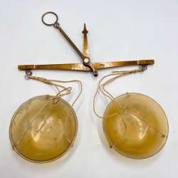 Antique Small Pocket Manual Scales Brass Hook Celluloid Cups Balance Marked