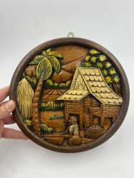 Vintage Wall Plaque African Wood 3D Carved Hand Painting Rounded Solid Old Cute