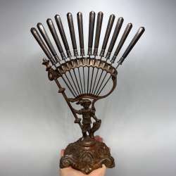 FRAGET WARSZ. Antique Set 12 Fruit Knives on Stand Deponirt Silver Plated 30cm