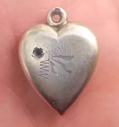 Vintage Sterling Silver 875 Etched Design Puffy Heart Charm Primitive Pendant
