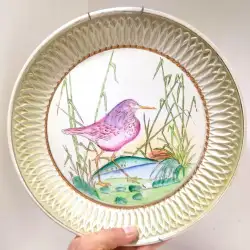 Vintage Handpainted Porcelain Large Wall White Gold Plate Bird u12 pook Dish 12